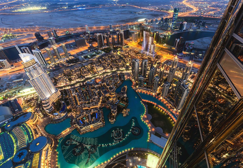 Aerial view of Dubai night city
