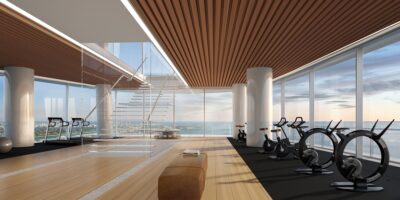 Gym with a city view